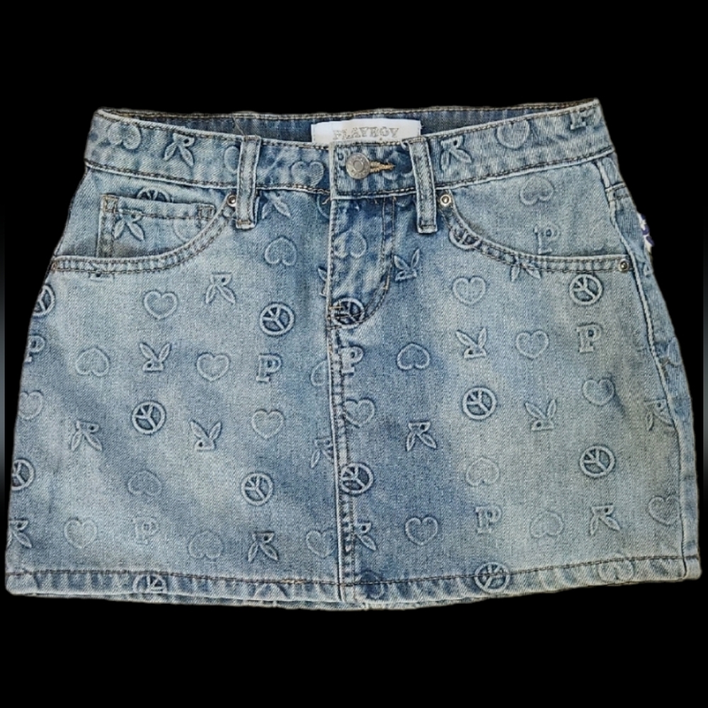 PLAYBOY Blue Mini Pencil Skirt Casual Size 1 Denim Logo All Over